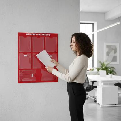 Imagem de Quadro Aviso Gestão à Vista 8 Displays A4 em ACM Vermelho Mural Informativo Painel Recados Lembretes Organização Parede Empresa Escritório Condomínio