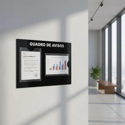 Imagem de Quadro Aviso Gestão Á Vista Informativo 2 Displays A4 ACM Preto Painel Parede Porta Folhas Organização Profissional Recado Lembrete Empresa Escritório