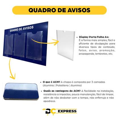 Imagem de Quadro Aviso Gestão Á Vista Informativo 3 Displays A4 Acm Azul Profissional Painel Porta Folhas Lembretes Recado Parede Empresa Escritório Condomínio