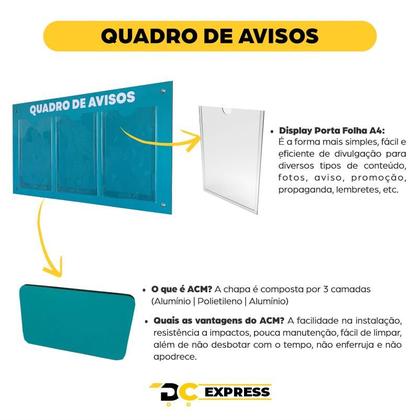 Imagem de Quadro Aviso Gestão Á Vista Informativo Mural Recados Lembrete Organização Empresa Parede Condomínio Academia 3 Displays A4 Acm Verde Turquesa