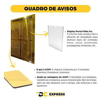 Imagem de Quadro Aviso Gestão Á Vista Mural Informativo Recado Lembrete Porta Folhas Empresas Parede Organização 4 Displays A4 Acm Dourado Espelhado