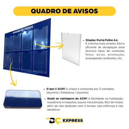 Imagem de Quadro Avisos Gestão Á Vista 8 Displays A4 ACM Azul Organização Profissional Painel Mural Recados Lembretes Parede Empresa Condomínio Academia