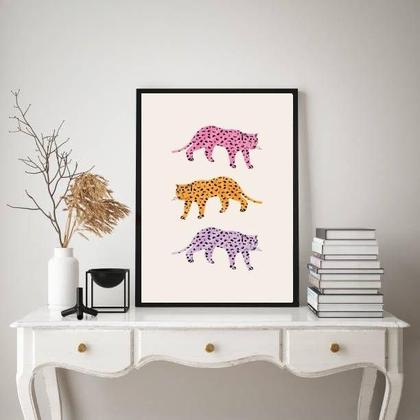 Imagem de Quadro Boho Trio Leopardos Coloridos 33X24Cm - Com Vidro