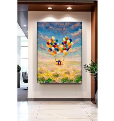 Imagem de Quadro Canvas Com Moldura Casal Voando Com Balões 90x60 Moldura Branca ou Preta