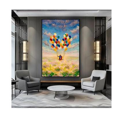 Imagem de Quadro Canvas Com Moldura Casal Voando Com Balões 90x60 Moldura Branca ou Preta