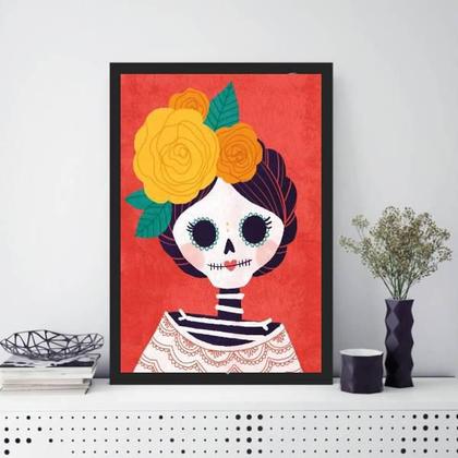 Imagem de Quadro Caveirinha Mexicana Feminina 33X24Cm Moldura Branca