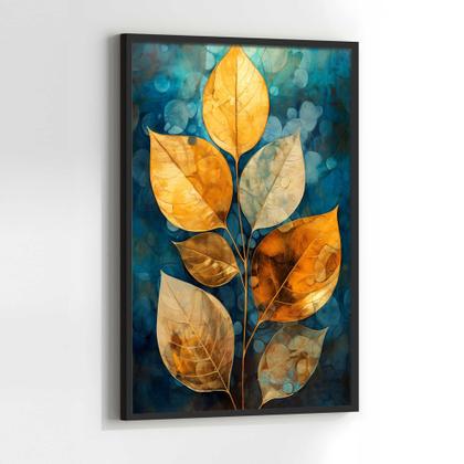 Imagem de Quadro com Moldura 40x60 Abstrato Planta Folhas Dourada Azul Verde Decorativo Grande Sala Quarto Hall