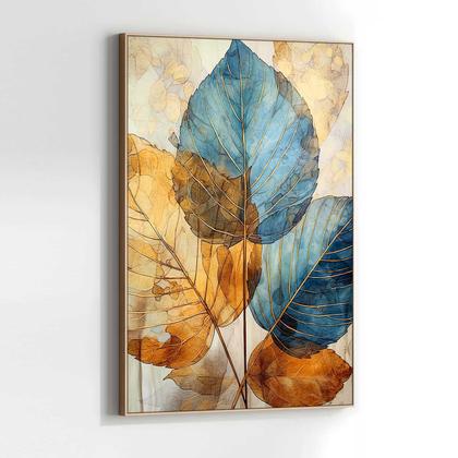 Imagem de Quadro com Moldura Decorativo Para Sala Quarto Hall Folhas Clean Azul Dourado