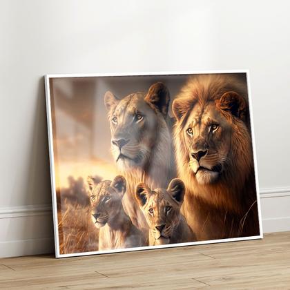 Imagem de Quadro com Moldura e Acrilico Cristal Vidro Sala Quarto Família de Leão Leões Filhote Decorativo Horizontal Grande Hall