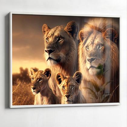 Imagem de Quadro com Moldura e Acrilico Cristal Vidro Sala Quarto Família de Leão Leões Filhote Decorativo Horizontal Grande Hall