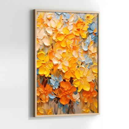 Imagem de Quadro com Moldura Flores Pintadas Abstrato Amarelo Azul Claro Decorativo Grande Sala Quarto Hall Escritório Cozinha Vertical