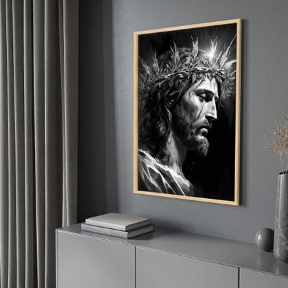 Imagem de Quadro com Moldura Jesus Coroa de Espinho Preto e Branco Decorativo Grande Sala Quarto Hall