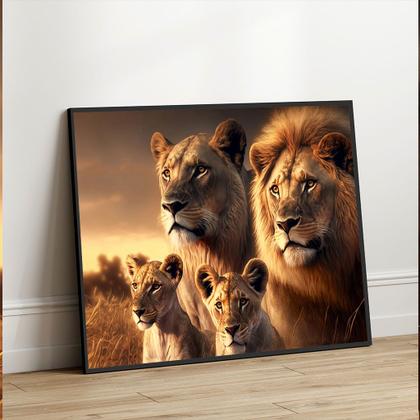 Imagem de Quadro com Moldura Sala Quarto Família de Leão Leões Filhote Decorativo Horizontal Grande Hall
