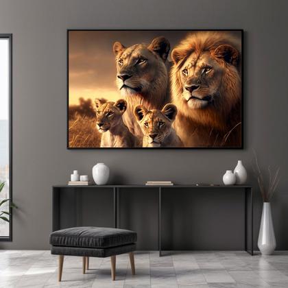 Imagem de Quadro com Moldura Sala Quarto Família de Leão Leões Filhote Decorativo Horizontal Grande Hall