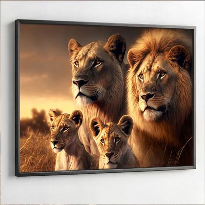 Imagem de Quadro com Moldura Sala Quarto Família de Leão Leões Filhote Decorativo Horizontal Grande Hall