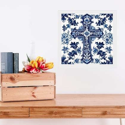 Imagem de Quadro Cruz Estilo Azulejo Português Azul e Branco - 33x33cm