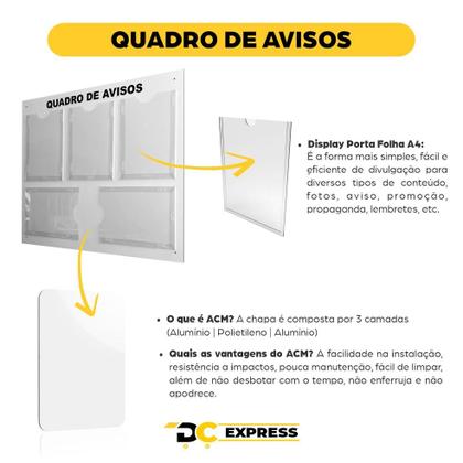 Imagem de Quadro de Aviso, Gestão, Informativo Premium 5 Displays A4 em Acrílico e ACM Branco Organização Moderna e Durabilidade Superior. Versátil.