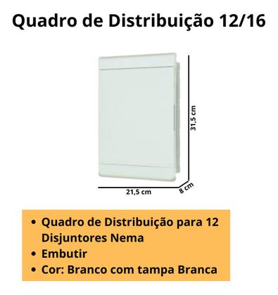 Imagem de Quadro de distribuição embutir tampa branca p/ 12 disjuntores nema + barramento trifásico