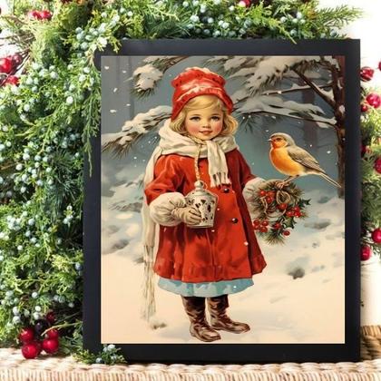 Imagem de Quadro De Natal Menina Com Passarinho 45x34cm