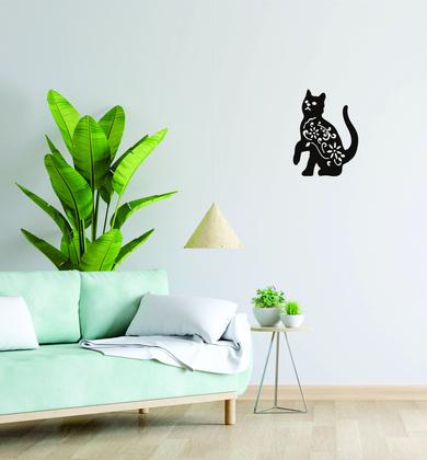 Imagem de Quadro Decorativo Arte Gato Floral 30Cm Mdf Preto 3Mm