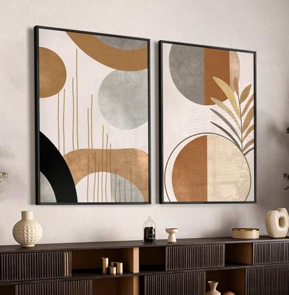 Imagem de Quadro Decorativo Dupla Boho Sala Quarto Kit Marrom 55x40 com Vidro