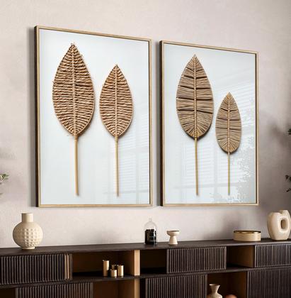 Imagem de Quadro Decorativo Dupla De Parede Folhagem Palha Trançada Para Sala 70x50 com Moldura