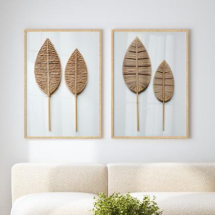 Imagem de Quadro Decorativo Dupla De Parede Folhagem Palha Trançada Para Sala 70x50 com Moldura