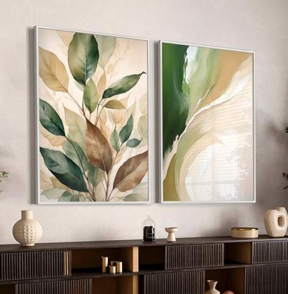 Imagem de Quadro Decorativo Dupla Floral Verde Folhas Lindas Decoração Sala Arte Abstrato Kit com Vidro