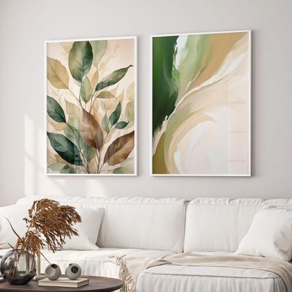 Imagem de Quadro Decorativo Dupla Floral Verde Folhas Lindas Decoração Sala Arte Abstrato Kit com Vidro