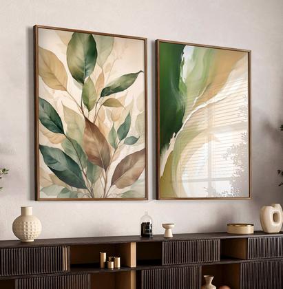 Imagem de Quadro Decorativo Dupla Floral Verde Folhas Lindas Decoração Sala Arte Abstrato Kit com Vidro