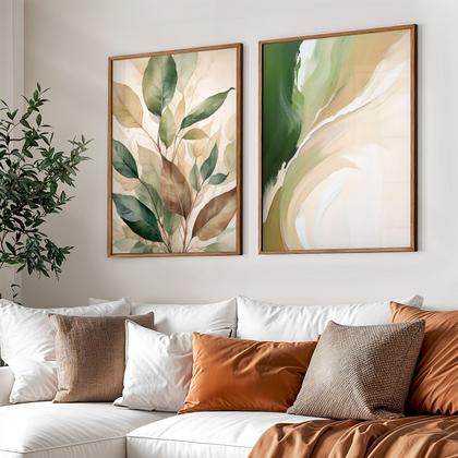 Imagem de Quadro Decorativo Dupla Floral Verde Folhas Lindas Decoração Sala Arte Abstrato Kit com Vidro