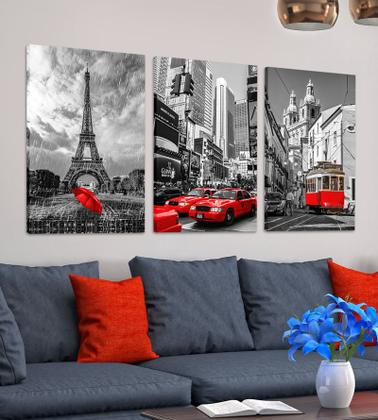 Imagem de Quadro Decorativo em Tela 60x40cm Trio Paris Nova York Táxi Vermelho para Sala Recepção Escritório Quarto