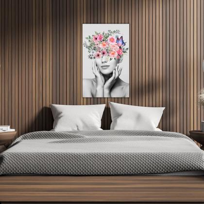 Imagem de Quadro Decorativo em Tela Abstrato Mulher com Flores na Cabeça 100x60cm para Sala Recepção Escritório Quarto