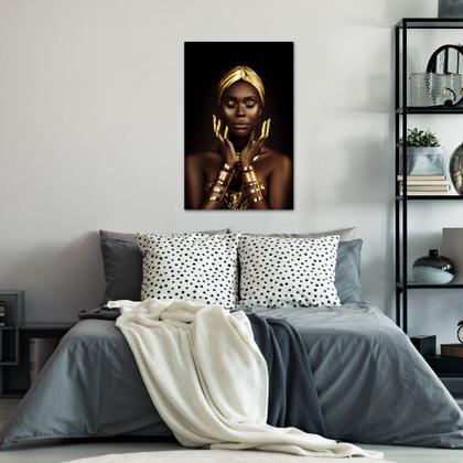 Imagem de Quadro Decorativo em Tela Mulher Negra Luxo com Detalhes Dourado 100x60cm para Sala Recepção Escritório Quarto