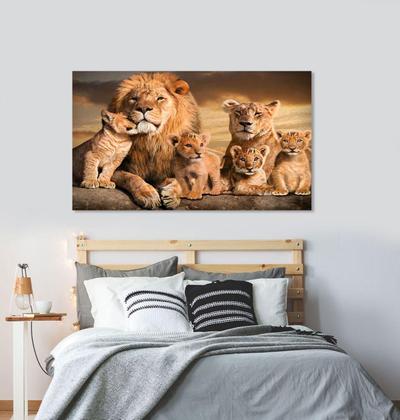 Imagem de Quadro Decorativo Familia Leões Com 4 Filhotes Leão Leoa Tela Grande Sala Quarto Escritorio Cozinha Tecido Canvas 55x90cm