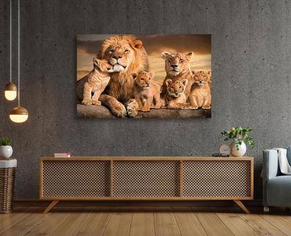 Imagem de Quadro Decorativo Familia Leões Com 4 Filhotes Leão Leoa Tela Grande Sala Quarto Escritorio Cozinha Tecido Canvas 55x90cm