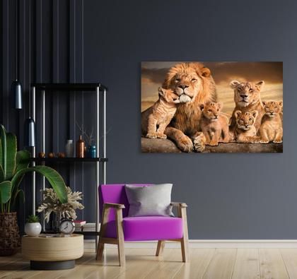 Imagem de Quadro Decorativo Familia Leões Com 4 Filhotes Leão Leoa Tela Grande Sala Quarto Escritorio Cozinha Tecido Canvas 55x90cm