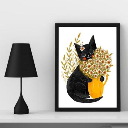 Imagem de Quadro Decorativo Gatinho Com Margaridas 24x18cm - com vidro