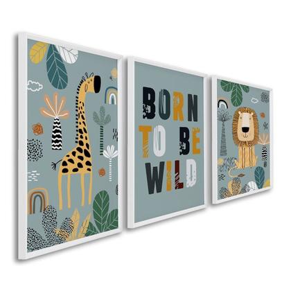 Imagem de Quadro Decorativo Infantil Pequenos Selvagens com 3 Telas de Parede para Quarto Sala Brinquedoteca 6 Branco