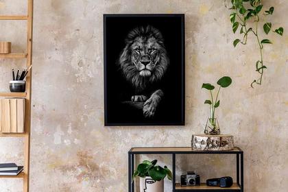 Imagem de Quadro Decorativo Leão Preto e Branco 90x60 para Sala Quarto