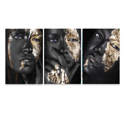 Imagem de Quadro Decorativo Mulheres Negras Maquiagem Dourada 180x90
