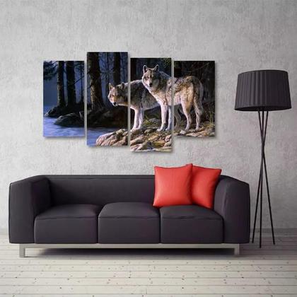 Imagem de Quadro Decorativo Paisagem Lobos Escritório Tecido 4 Peças 1