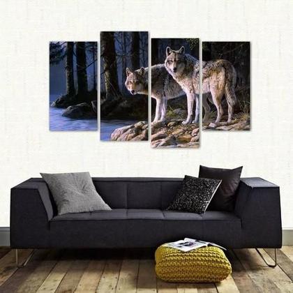 Imagem de Quadro Decorativo Paisagem Lobos Escritório Tecido 4 Peças 1