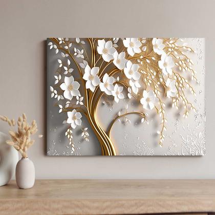 Imagem de Quadro Decorativo para Quarto Sala Dourado Floral Flores Branca  Grande Escritório Hall Cozinha Corredor 