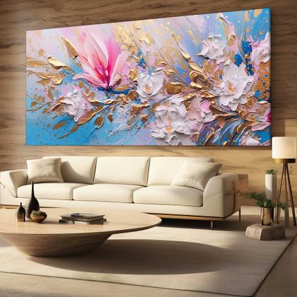 Imagem de Quadro Decorativo para Sala Quarto Hall Arte Floral Rosê Dourado Pintura Horizontal Grande Decoração Parede Tela