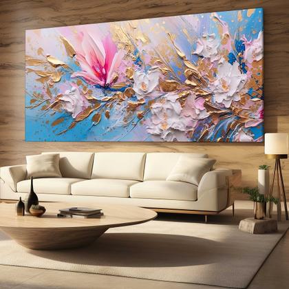 Imagem de Quadro Decorativo para Sala Quarto Hall Arte Floral Rosê Dourado Pintura Horizontal Grande Decoração Parede Tela