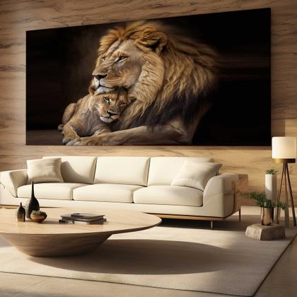 Imagem de Quadro Decorativo para Sala Quarto Hall Leão Leoa Família Horizontal Grande Decoração Parede Tela