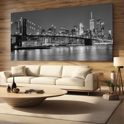 Imagem de Quadro Decorativo para Sala Quarto Hall Ponte Manhatan NY Paisagem Preto e Branco Cidade Horizontal Grande Decoração Parede Tela