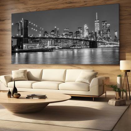 Imagem de Quadro Decorativo para Sala Quarto Hall Ponte Manhatan NY Paisagem Preto e Branco Cidade Horizontal Grande Decoração Parede Tela
