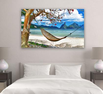 Imagem de Quadro Decorativo Rede Praia Paisagem Natureza Tela Grande Sala Quarto Cozinha Escritório 55x90cm